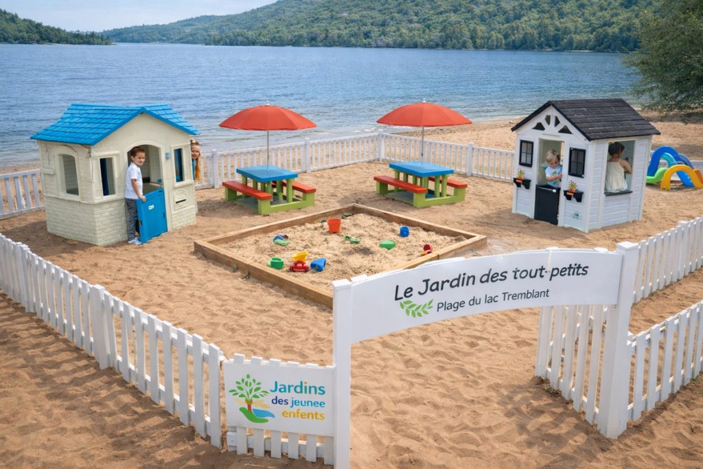 Le Jardin des tout-petits sur la plage du lac Tremblant avec maisonnettes, carré de sable, tables de pique-nique et parasols.